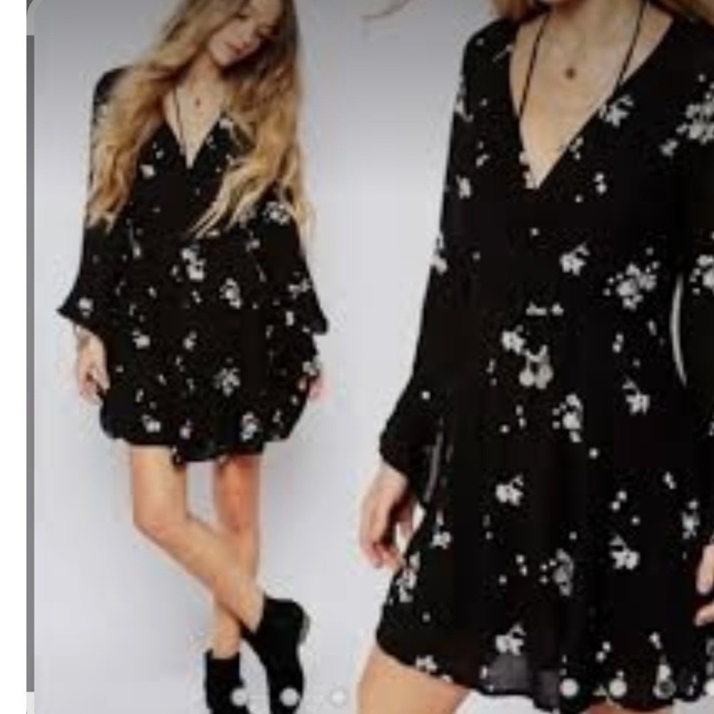 Free People Black Floral Embroidered Bell Sleeve Mini Dress V-Neck Boho